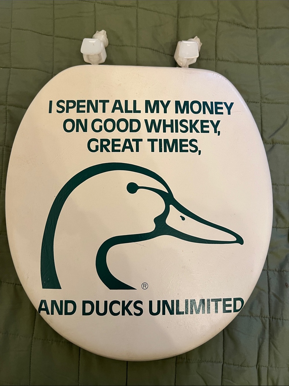 Ducks Unlimited White Toilet Seat with Green Logo & Text